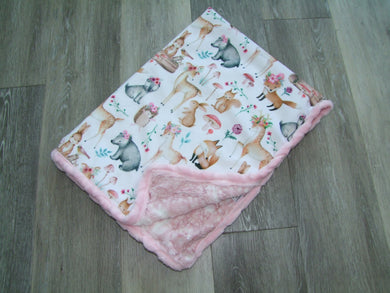 Adorable Pink Woodland Animals Minky Blanket