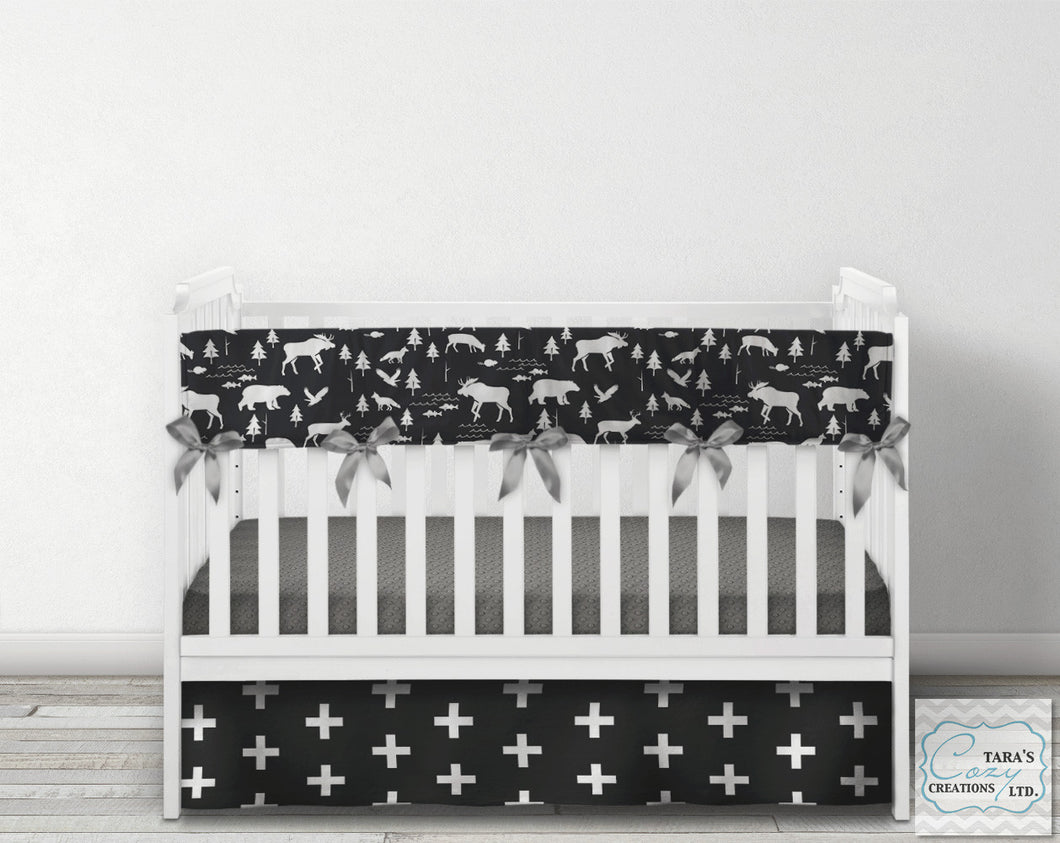 Modern Minimalist Black White Crib Skirt- Panel Style  