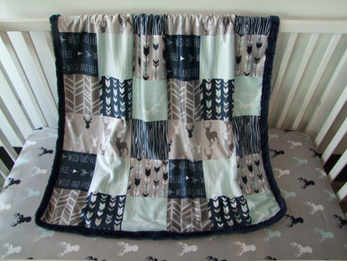 Navy Mint Gray Patchwork - Designer Blankets - Deer Woodgrain - You Choose the Colors!