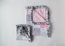 Designer LOVE Patchwork Pink and Gray Minky Blanket with Ruffles