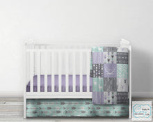 Lilac Aqua Gray Deer Woodgrain Patchwork DESIGNER Nursery Crib Set- YOU CHOOSE WHICH ITEMS- Blanket, Skirt, Sheet
