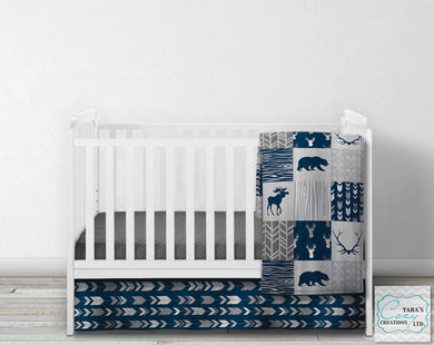 Navy Gray Moose Bear Deer Woodgrain Patchwork DESIGNER Nursery Crib Set- YOU CHOOSE WHICH ITEMS- Blanket, Skirt, Sheet
