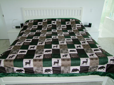 KING SIZE Custom Designer Minky Blanket - Faux Patchwork - Deer Woodgrain - You Choose the Colors!