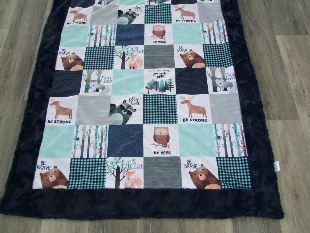 Woodland Critters Patchwork Quilt DESIGNER - Panel Minky Blanket- You Choose the Colors