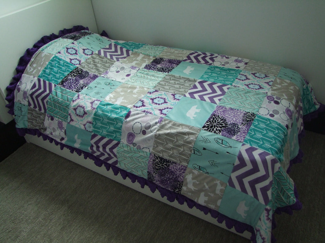 Purple Teal Aqua and Gray Woodland/Floral Block Style Minky Blanket  