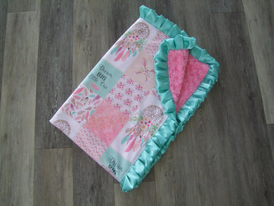 Dream Catcher Patchwork - Designer Minky Blanket - Pink Mint and Satin Ruffles