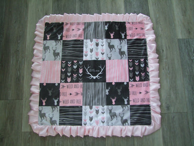 Designer Deer Woodgrain Baby Pink and Gray Minky Blanket