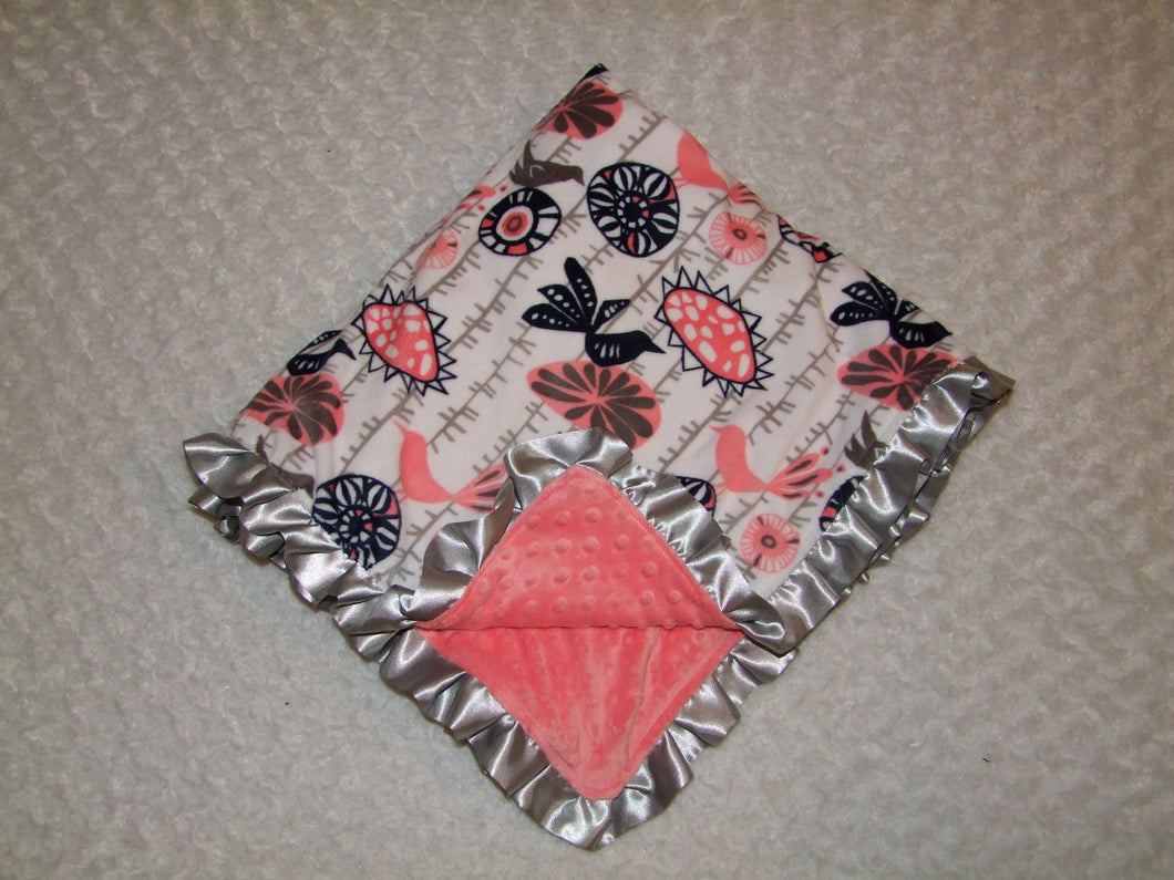 Panel Style Minky Blanket with SATIN Ruffles- Menagerie Coral Minky Blanket - Baby Size up to Twin Size