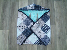 Designer Cozy Wrap Blanket- Car Seat Blanket- Navy Mint GrayDeer and Woodgrain Little One
