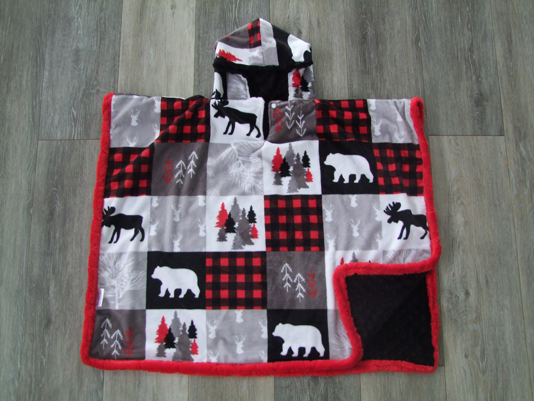 Cabin Patchwork Minky Car Seat Poncho - Baby to Adult Sizing