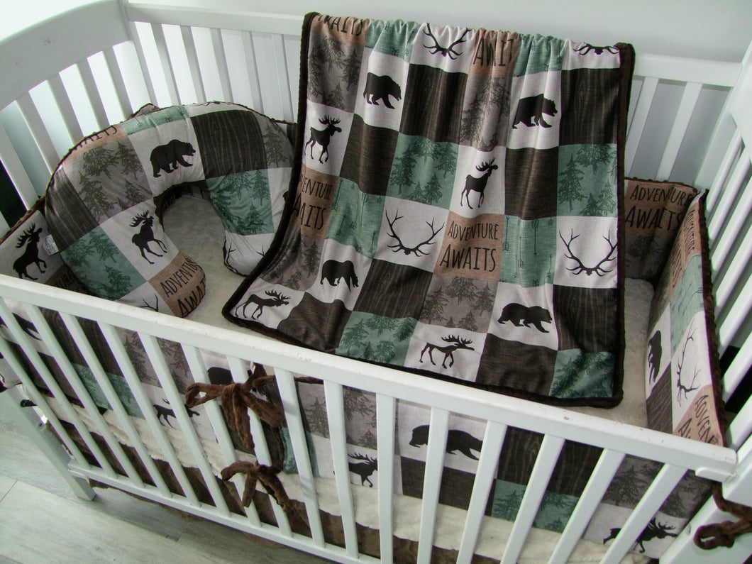 Green Brown Woodland Woodgrain DESIGNER Nursery Crib Set- YOU CHOOSE WHICH ITEMS- Blanket, Skirt, Sheet, Bumpers and Changing pad cover