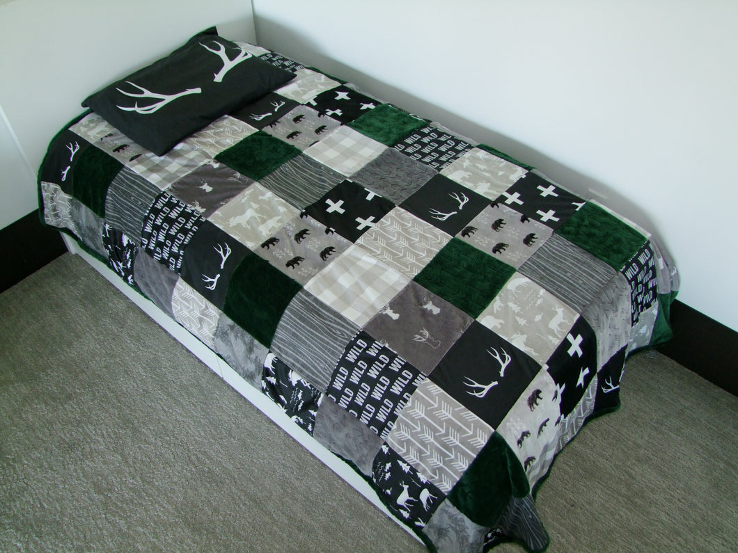 Twin Size Gray Black Woodland Block Style Minky Blanket  