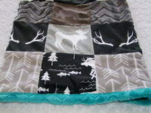Teal Gray Black Woodland BLOCK Style Minky Blanket "Woodland Collection"