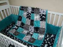 Teal Gray Black Woodland BLOCK Style Minky Blanket
