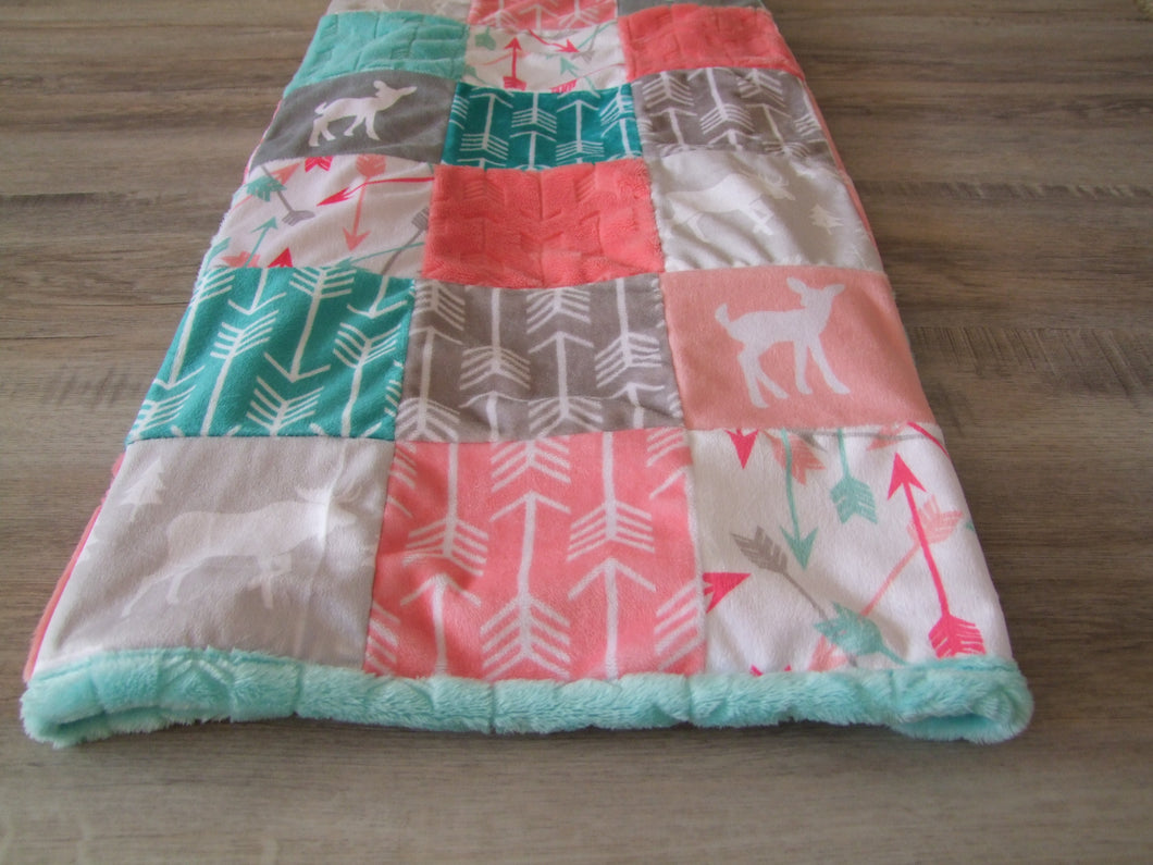 Coral Teal Woodland BLOCK Style Minky Blanket 