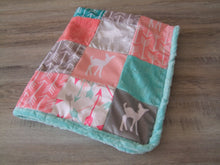 Coral Teal Woodland BLOCK Style Minky Blanket "Woodland Collection"