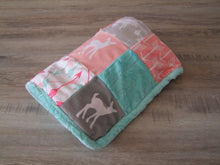 Coral Teal Woodland BLOCK Style Minky Blanket "Woodland Collection"