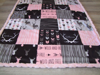 Designer Pink Deer Woodgrain Minky Blanket