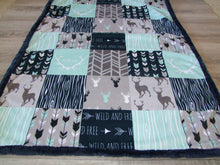 DESIGNER Navy Gray Moose Bear Deer and Woodgrain Minky Canopy Blanket- Car Seat Canopy Blanket