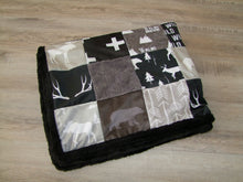 Black Gray Woodland BLOCK Style Minky Blanket- "Woodland Collection"