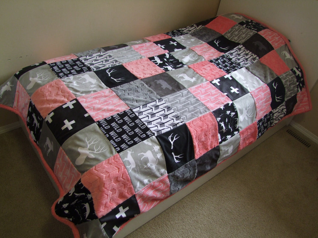 Twin Size Coral Woodland Block Style Minky Blanket