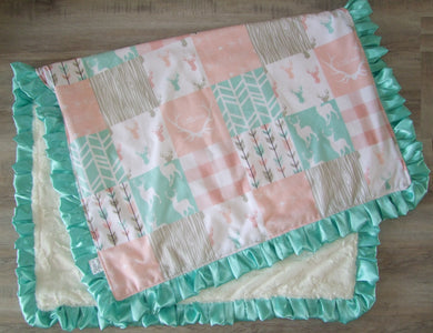 Designer Deer Woodgrain Baby Pink and Teal Minky Blanket