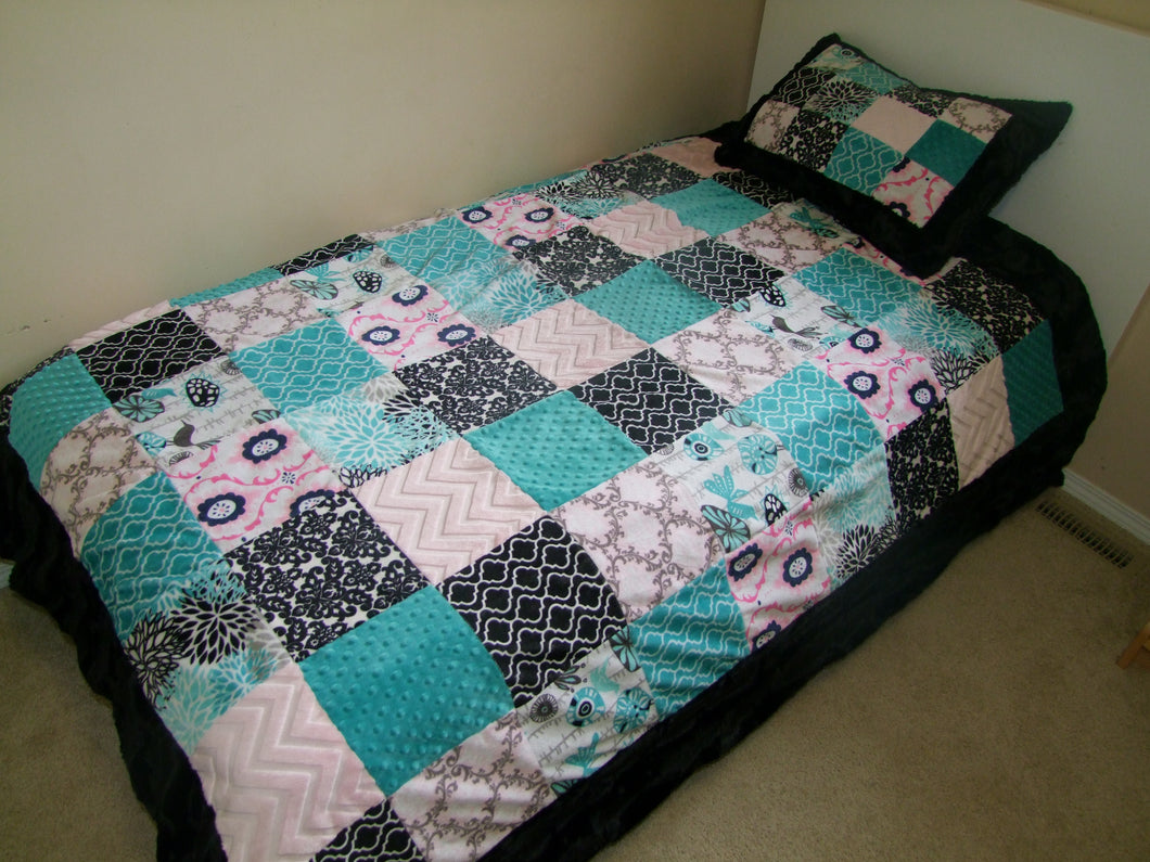 Twin Size Floral Teal Pink Block Style Minky Blanket