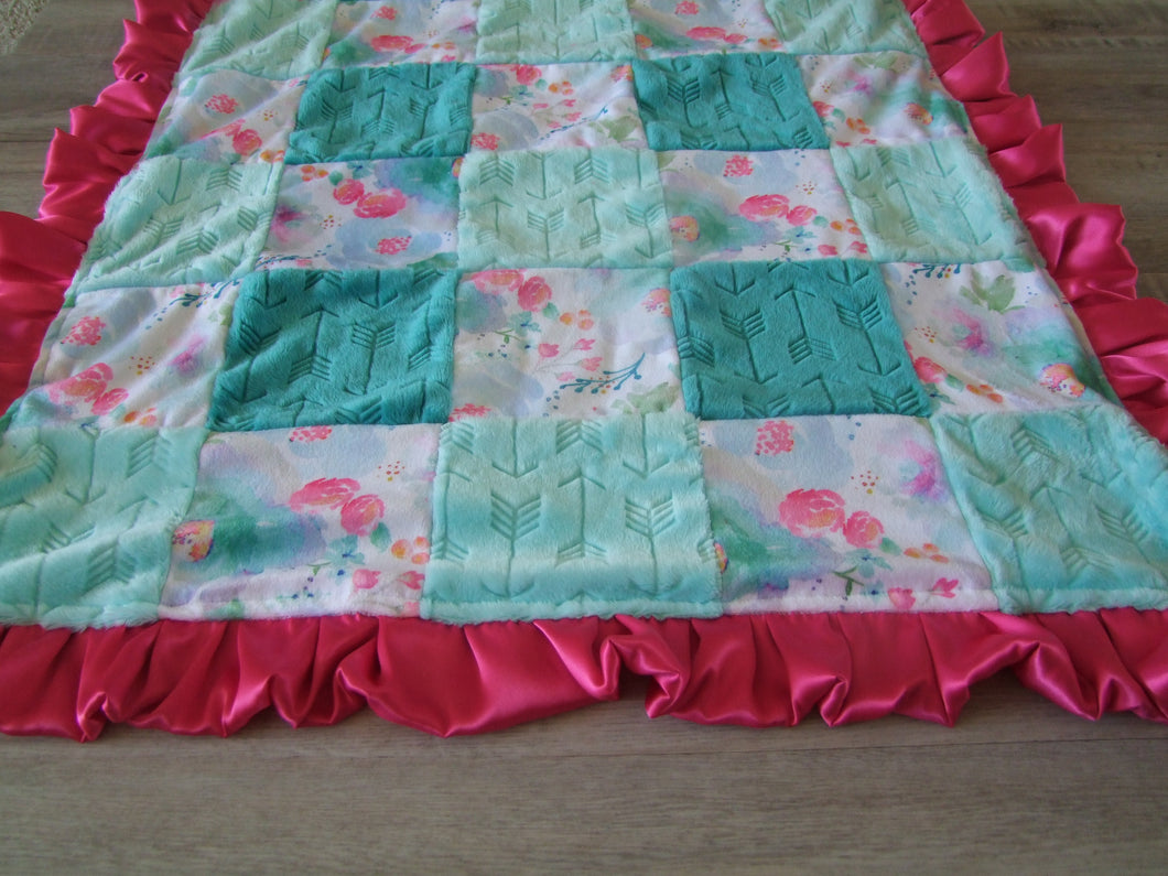 Satin Ruffle Pink Teal Aqua INDY Bloom Designer BLOCK Style Minky Blanket