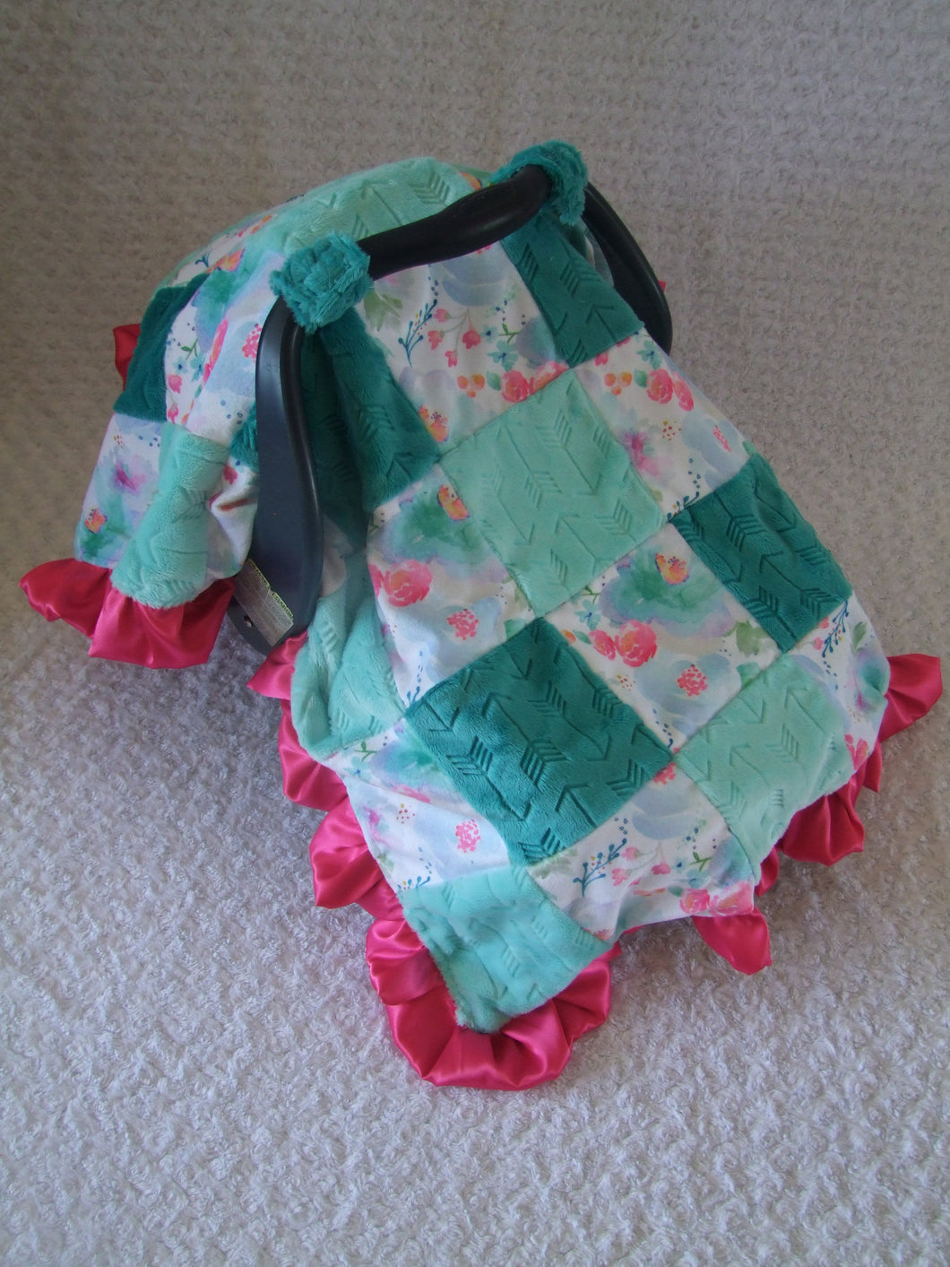 Designer Print with Ruffles- Block Style Canopy- Car Seat Canopy Blanket-