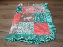 Satin Ruffle Coral Teal Woodland BLOCK Style Minky Blanket "Woodland Collection"
