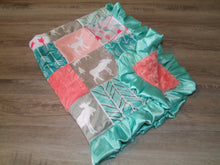 Satin Ruffle Coral Teal Woodland BLOCK Style Minky Blanket "Woodland Collection"