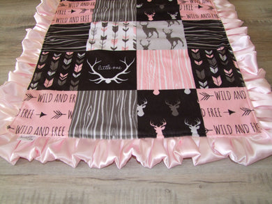 Designer Deer Woodgrain Baby Pink and Gray Minky Blanket