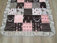 Designer Deer Woodgrain Baby Pink and Gray Minky Blanket