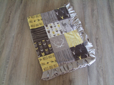 Designer Deer Woodgrain Yellow and Gray Minky Blanket