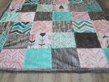 Pink Gray Aqua Woodland Modern  BLOCK Style Minky Blanket- Arrows, Woodgrain, Herringbone, Chevron