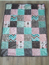 Pink Gray Aqua Woodland Modern  BLOCK Style Minky Blanket- Arrows, Woodgrain, Herringbone, Chevron