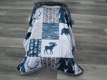 DESIGNER Navy Gray Moose Bear Deer and Woodgrain Minky Canopy Blanket- Car Seat Canopy Blanket