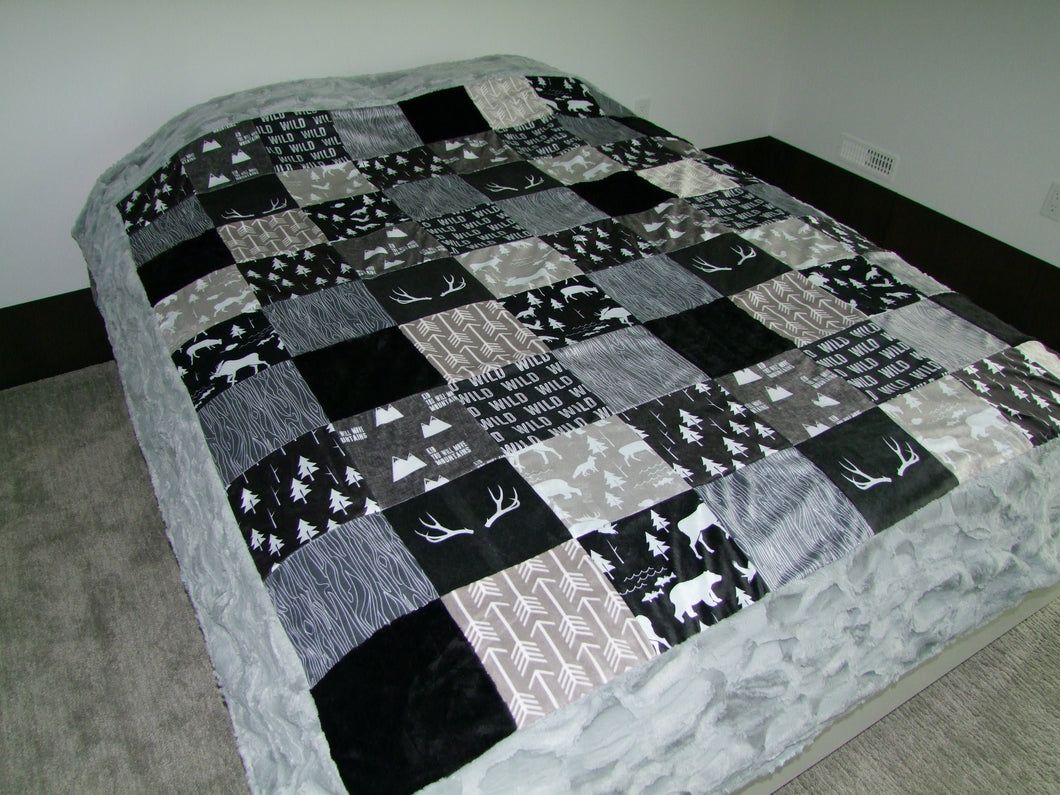 Black Gray Woodland BLOCK Style Minky Blanket- Toddler Size up to KING SIZE  