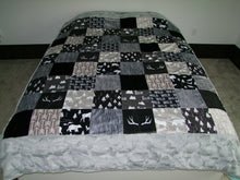Black Gray Woodland BLOCK Style Minky Blanket- Toddler Size up to KING SIZE  "Woodland Collection"