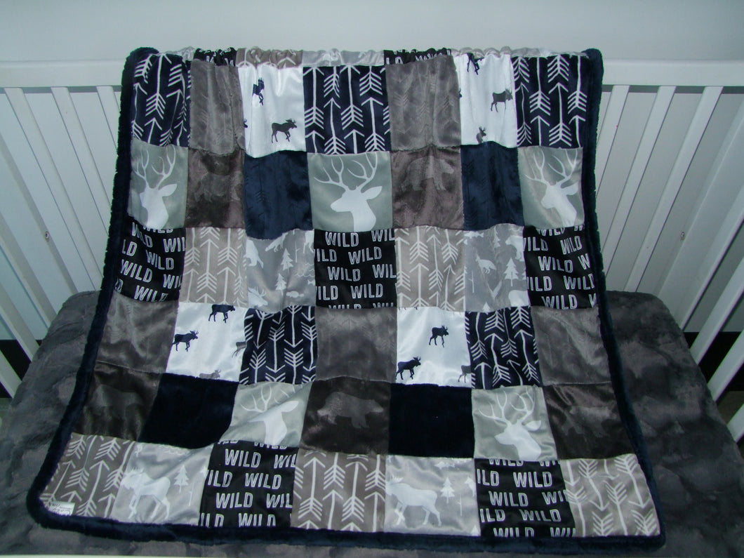 Navy Gray Woodland BLOCK Style Minky Blanket- 