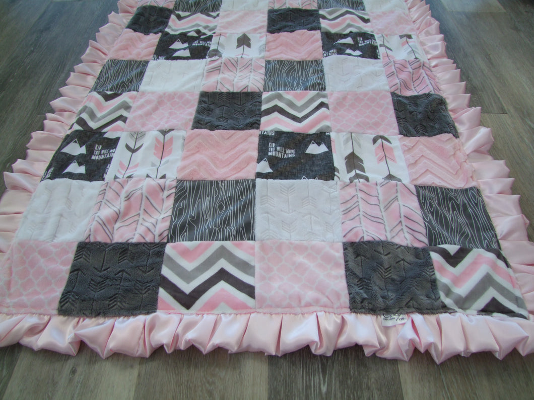 Girl Baby Pink Gray White Modern  BLOCK Style Minky Blanket- Arrows, Mountains, Herringbone, Chevron    