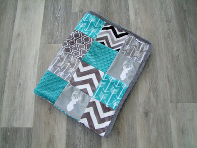 Teal Gray Woodland BLOCK Style Minky Blanket- 