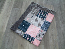 Designer Navy Gray Deer Woodgrain Minky Blanket