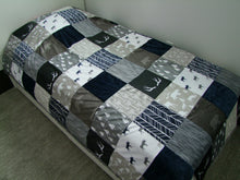 Navy Gray Woodland BLOCK Style Minky Blanket- "Woodland Collection" DOUBLE SIZE
