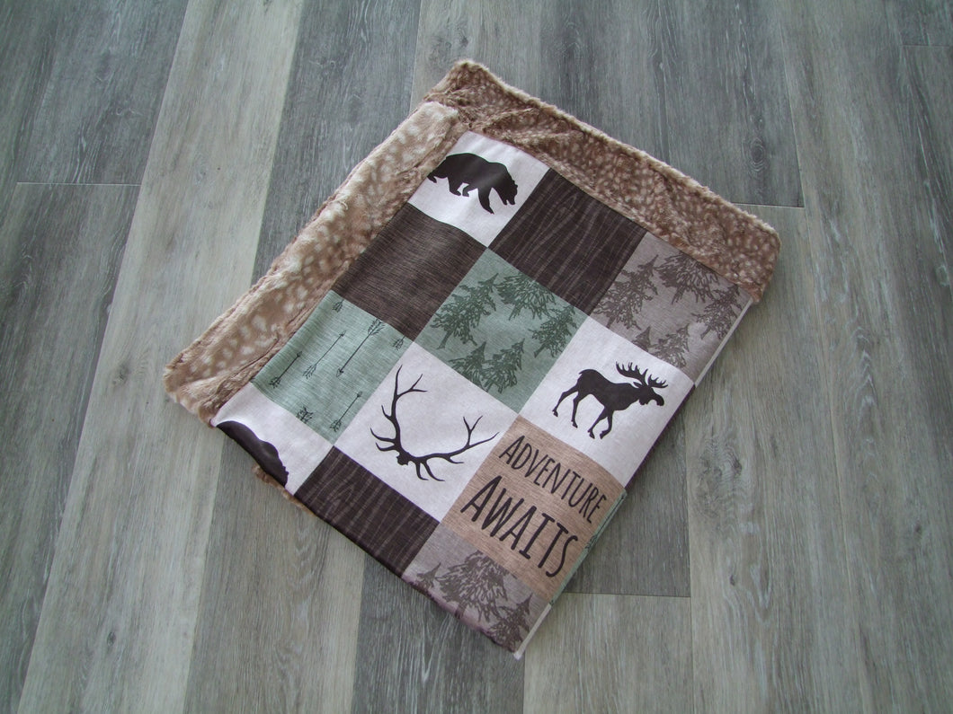 Brown Green - Adventure awaits-  Bear Moose DESIGNER Minky Blanket