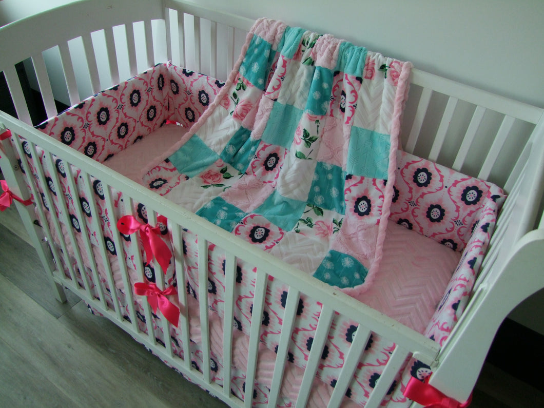 Pink Teal Aqua Nursery Crib Set- YOU CHOOSE WHICH ITEMS- Blanket, Skirt, Sheet, Bumpers and Changing pad cover
