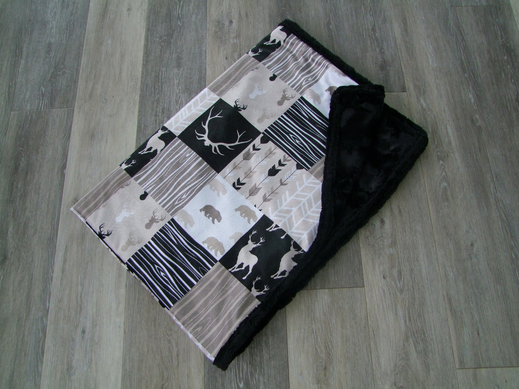 Beige Black Designer Blankets - Deer Woodgrain - You Choose the Colors!