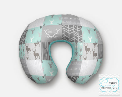 Designer Print- Deer Woodgrain Faux Patchwork Woodland -  Nursing Pillow Cover