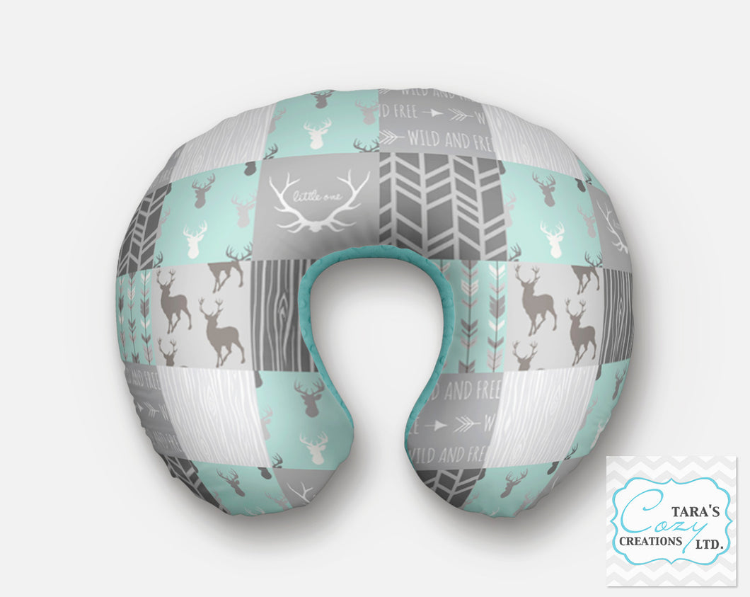 Designer Print- Deer Woodgrain Faux Patchwork Woodland -  Nursing Pillow Cover